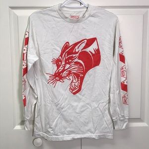White long tee, red ink printed on by Death Cloak